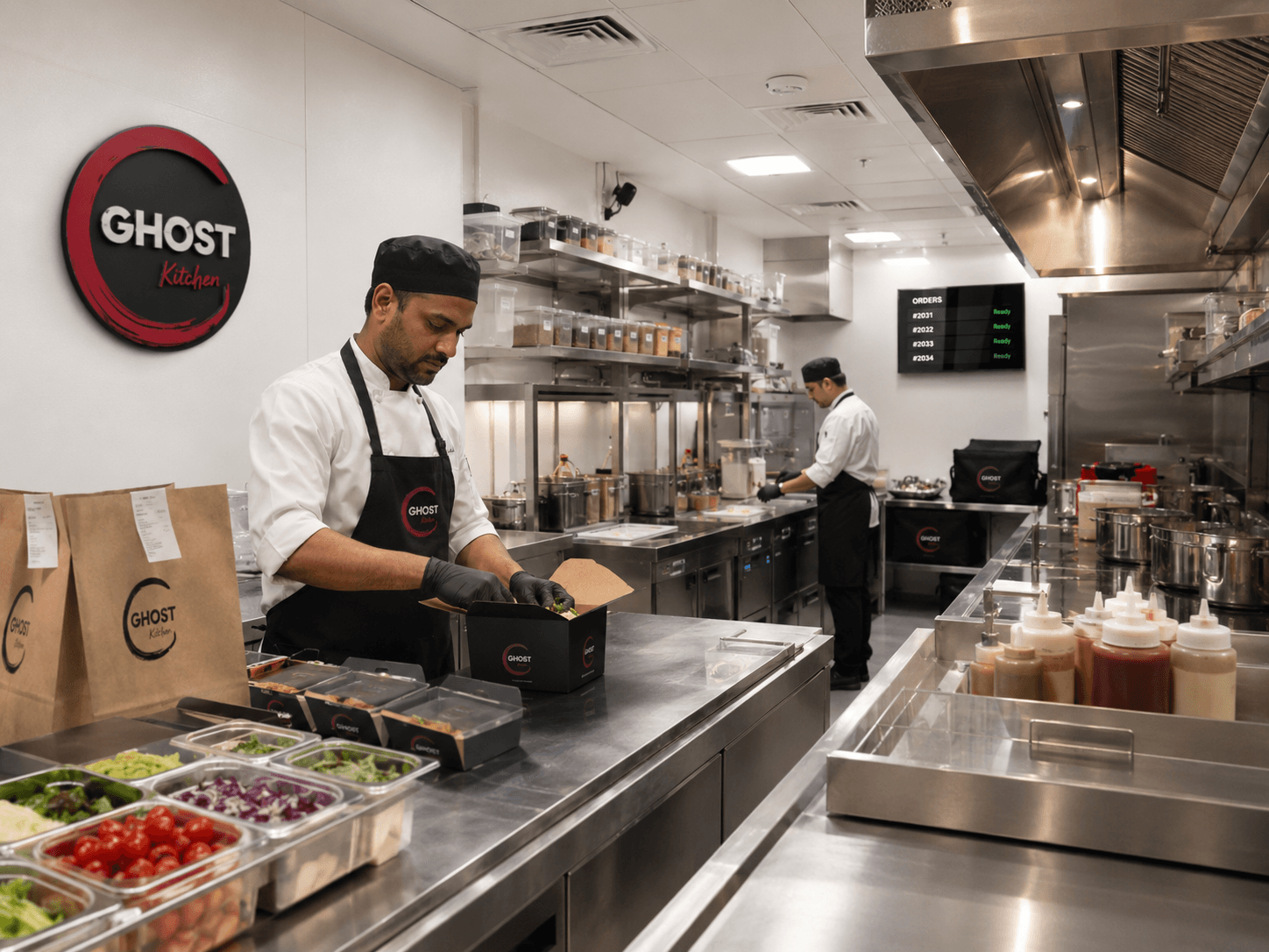 Chefs working in a fully equipped kitchen